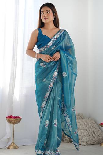 rama organza thread work color tone fabric party wear saree