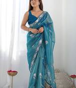 rama organza thread work color tone fabric party wear saree