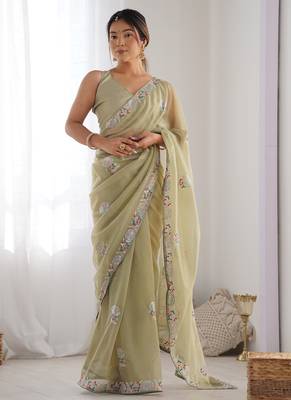olive green organza thread work color tone fabric party wear saree 2