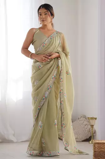 olive green organza thread work color tone fabric party wear saree