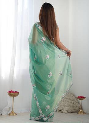 turquoise organza thread work color tone fabric party wear saree 4