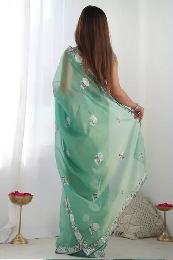 turquoise organza thread work color tone fabric party wear saree