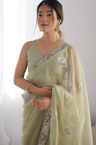 olive green organza thread work color tone fabric party wear saree