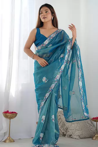 rama organza thread work color tone fabric party wear saree