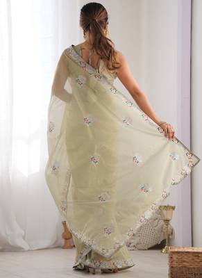 olive green organza thread work color tone fabric party wear saree 4
