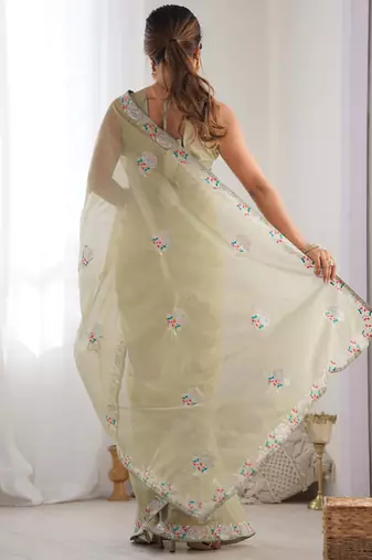 olive green organza thread work color tone fabric party wear saree