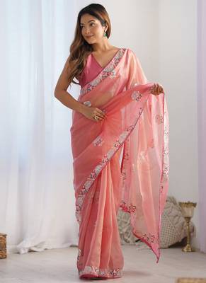 peach organza thread work color tone fabric party wear saree 1