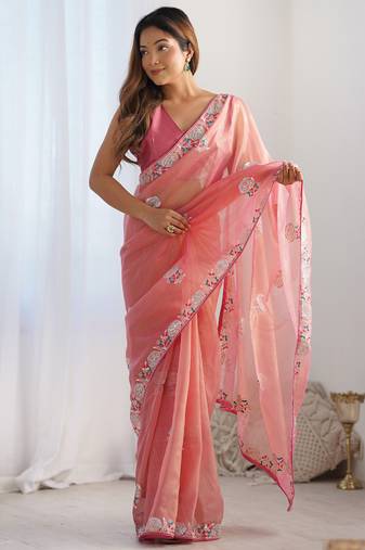 peach organza thread work color tone fabric party wear saree