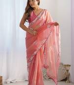 peach organza thread work color tone fabric party wear saree