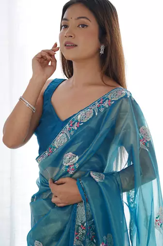 rama organza thread work color tone fabric party wear saree
