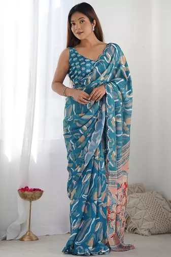 rama chinon silk blend print work with mirror work border designer saree