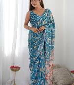 rama chinon silk blend print work with mirror work border designer saree