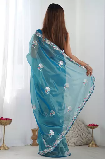 rama organza thread work color tone fabric party wear saree