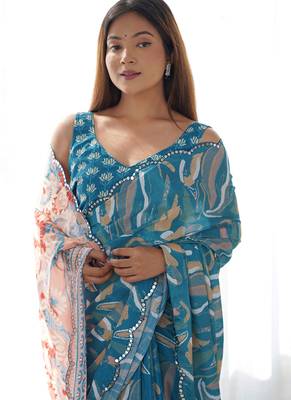 rama chinon silk blend print work with mirror work border designer saree 3