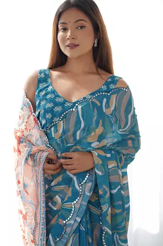 rama chinon silk blend print work with mirror work border designer saree