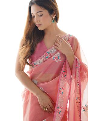 peach organza thread work color tone fabric party wear saree 3