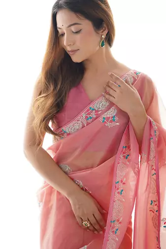 peach organza thread work color tone fabric party wear saree