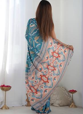 rama chinon silk blend print work with mirror work border designer saree 4