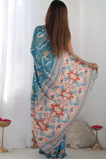 rama chinon silk blend print work with mirror work border designer saree