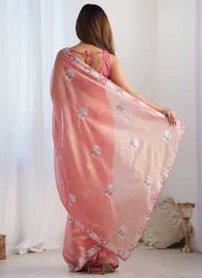 peach organza thread work color tone fabric party wear saree 4