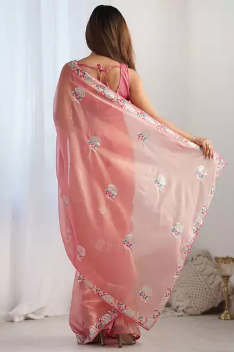 peach organza thread work color tone fabric party wear saree