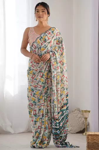 off white chinon silk blend print work with mirror work border designer saree