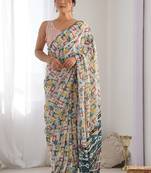 off white chinon silk blend print work with mirror work border designer saree
