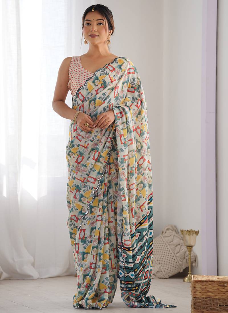 off white chinon silk blend print work with mirror work border designer saree