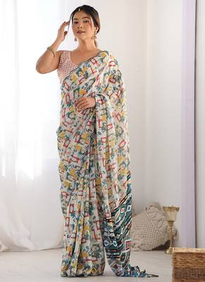 off white chinon silk blend print work with mirror work border designer saree 2