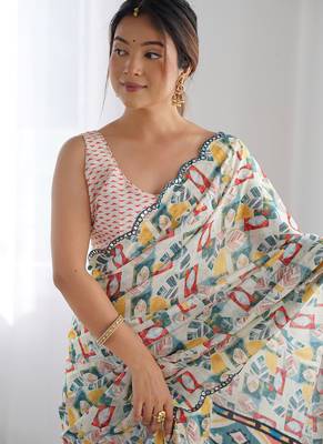 off white chinon silk blend print work with mirror work border designer saree 3