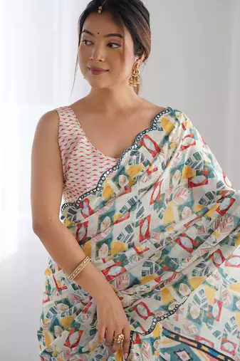 off white chinon silk blend print work with mirror work border designer saree