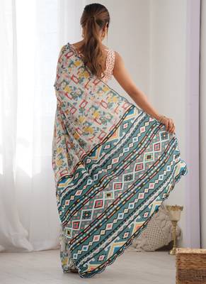 off white chinon silk blend print work with mirror work border designer saree 4