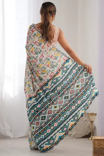 off white chinon silk blend print work with mirror work border designer saree