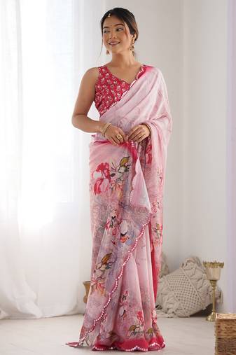baby pink chinon silk blend print work with mirror work border designer saree