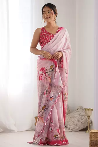 baby pink chinon silk blend print work with mirror work border designer saree