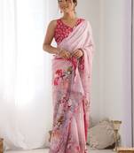 baby pink chinon silk blend print work with mirror work border designer saree