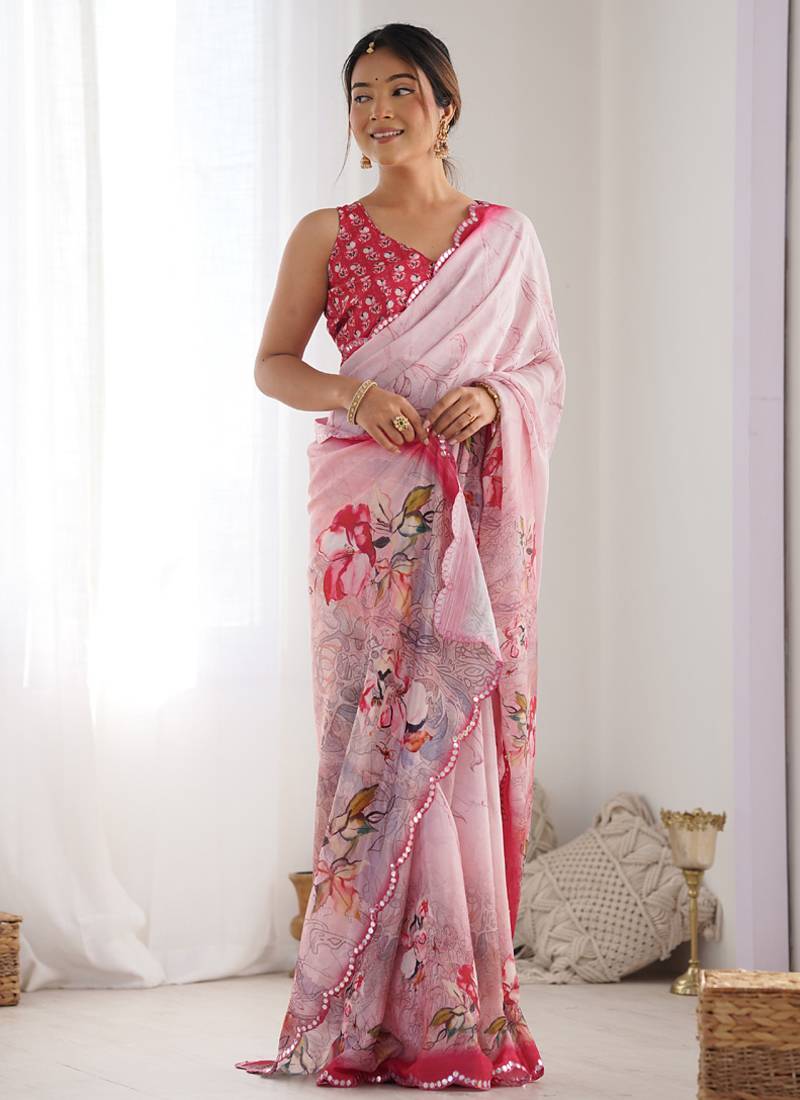 baby pink chinon silk blend print work with mirror work border designer saree
