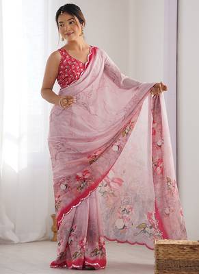 baby pink chinon silk blend print work with mirror work border designer saree 2