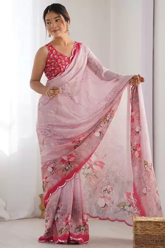 baby pink chinon silk blend print work with mirror work border designer saree