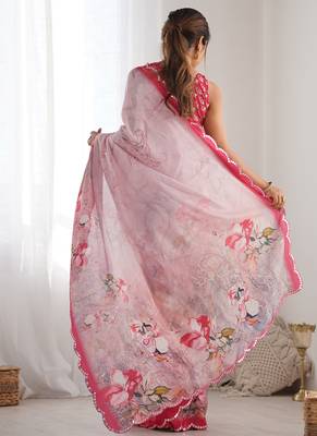 baby pink chinon silk blend print work with mirror work border designer saree 4