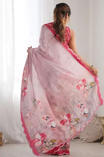 baby pink chinon silk blend print work with mirror work border designer saree