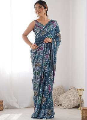 blue chinon silk blend print work with mirror work border designer saree 1