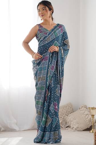 blue chinon silk blend print work with mirror work border designer saree