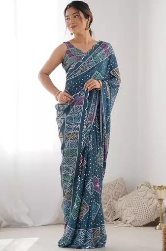 blue chinon silk blend print work with mirror work border designer saree