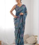 blue chinon silk blend print work with mirror work border designer saree