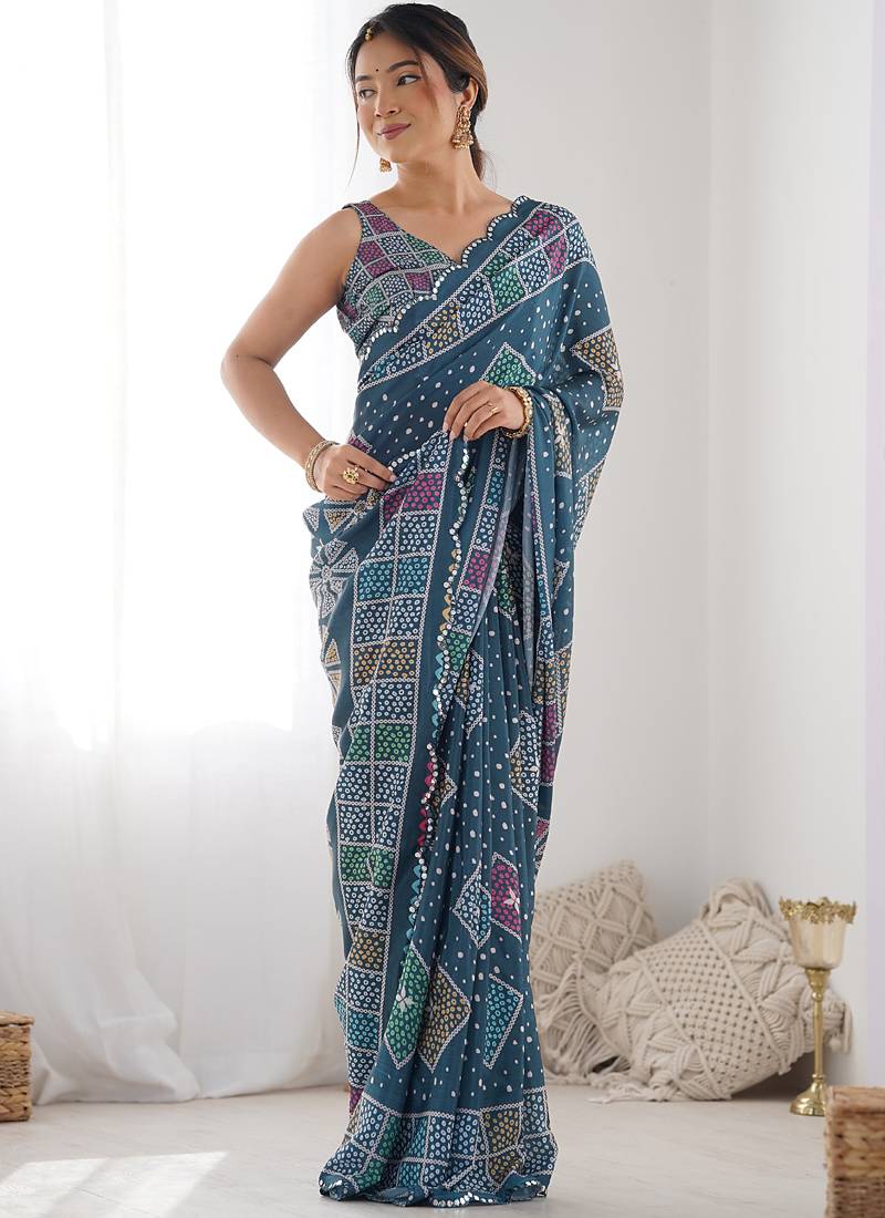 blue chinon silk blend print work with mirror work border designer saree