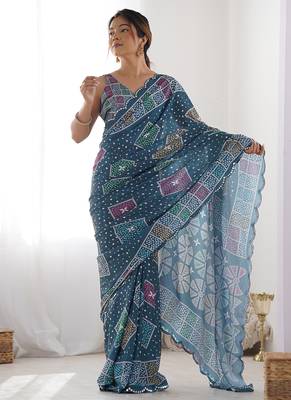 blue chinon silk blend print work with mirror work border designer saree 2