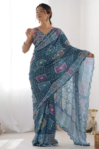 blue chinon silk blend print work with mirror work border designer saree