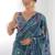 blue chinon silk blend print work with mirror work border designer saree
