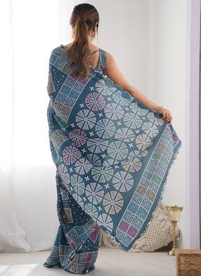 blue chinon silk blend print work with mirror work border designer saree 4